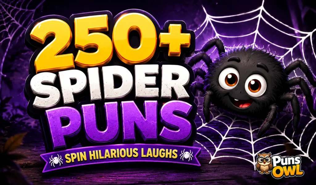 250+ spider puns thumbnail with a cheerful cartoon spider and PunsOwl watermark