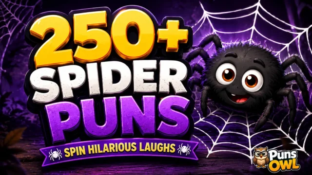 250+ spider puns thumbnail with a cheerful cartoon spider and PunsOwl watermark