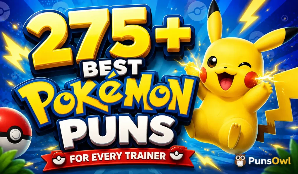 275+ Pokémon puns thumbnail with Pikachu and PunsOwl watermark