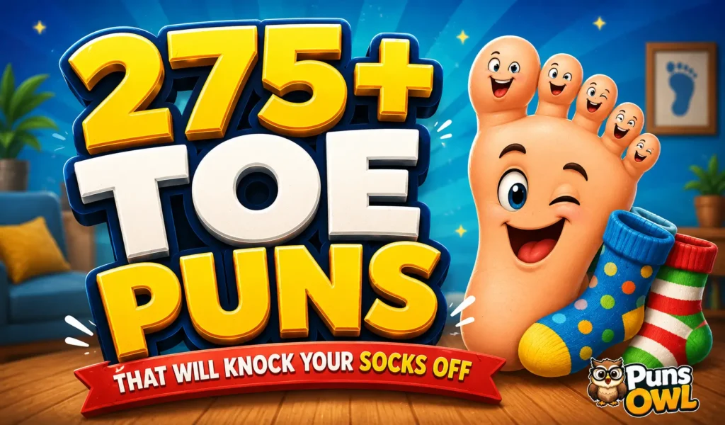 275+ toe puns thumbnail with a cheerful cartoon foot, colorful socks, and PunsOwl watermark