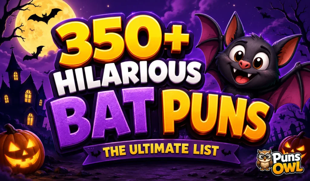 350+ bat puns thumbnail with a cheerful cartoon bat and PunsOwl watermark