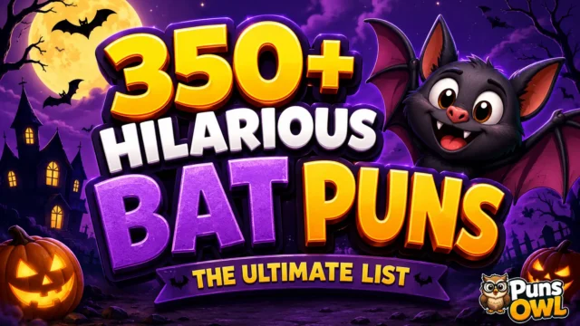 350+ bat puns thumbnail with a cheerful cartoon bat and PunsOwl watermark