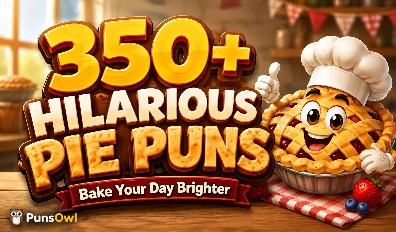 Colorful cartoon pie with 350+ pie puns text and PunsOwl watermark