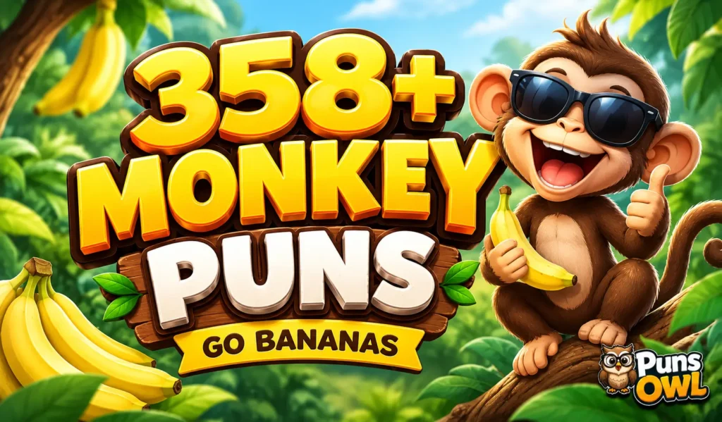 358+ monkey puns thumbnail with a cheerful cartoon monkey and PunsOwl watermark