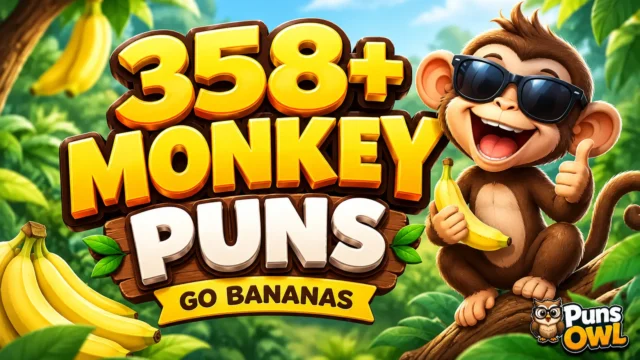 358+ monkey puns thumbnail with a cheerful cartoon monkey and PunsOwl watermark