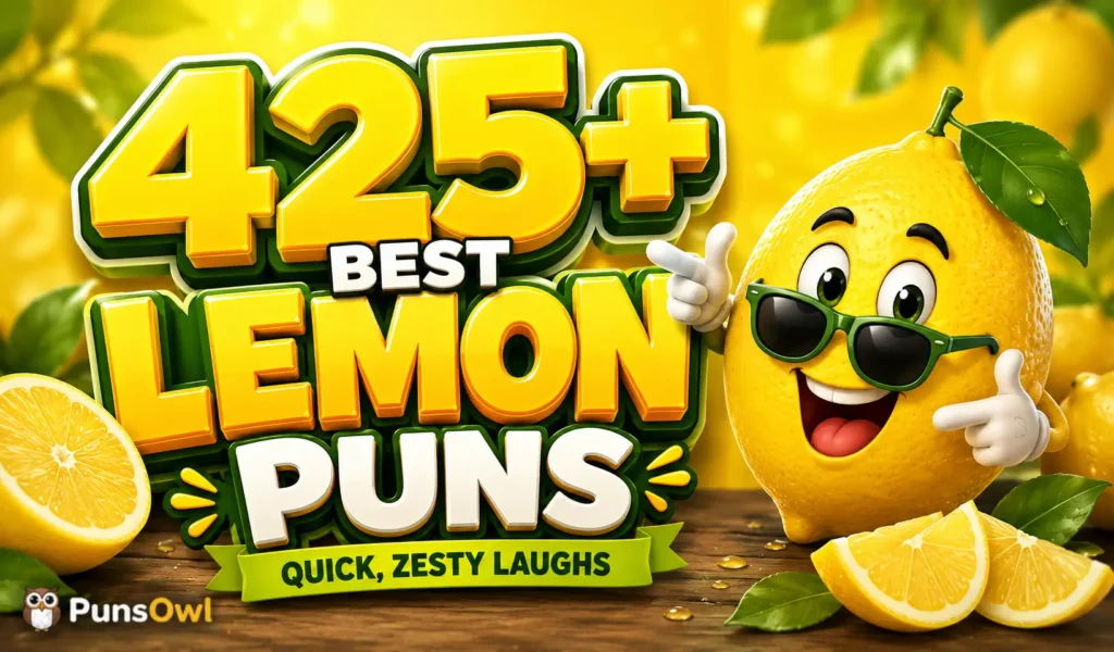 425+ lemon puns thumbnail with a cheerful cartoon lemon mascot