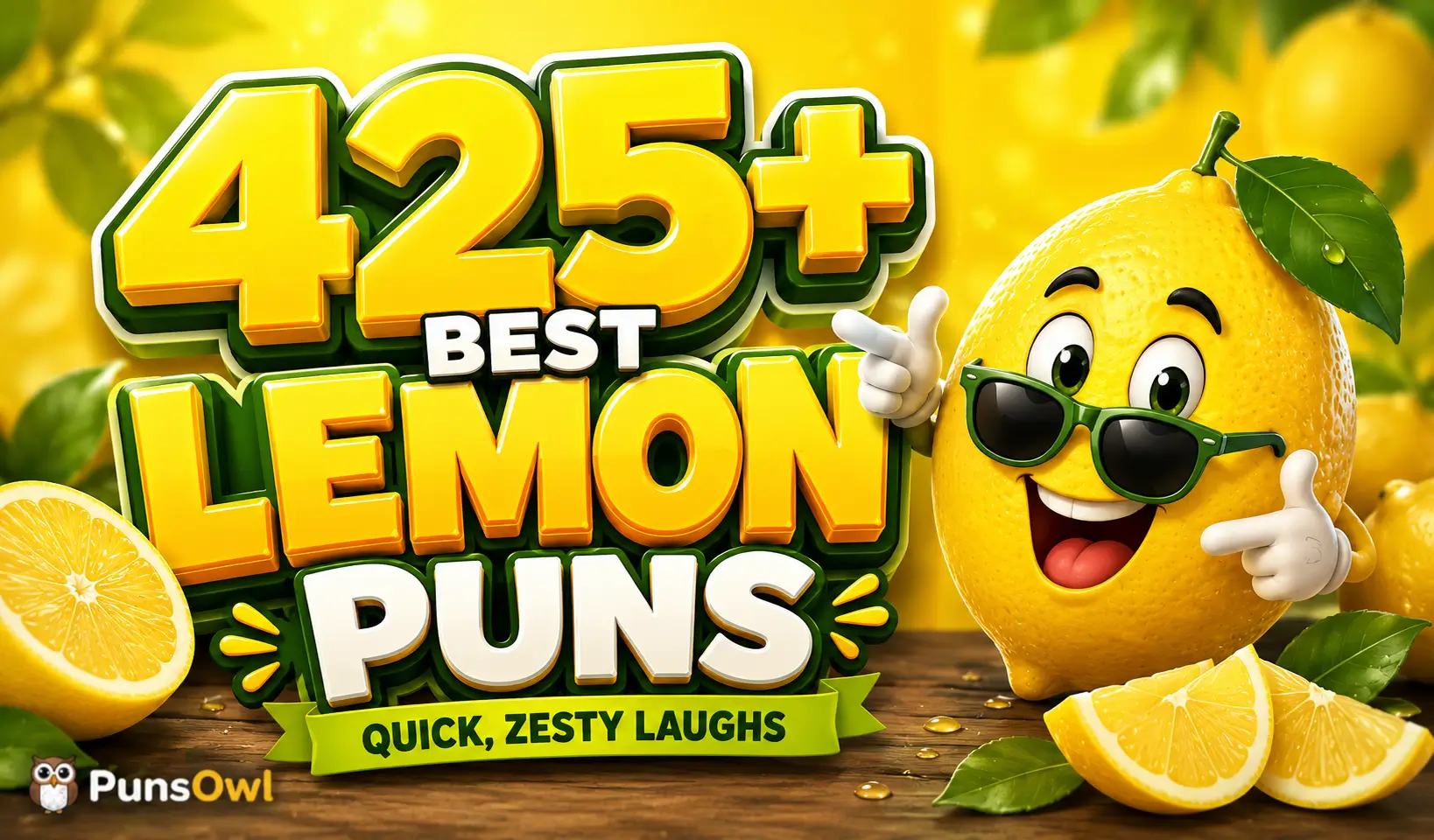 425+ lemon puns thumbnail with a cheerful cartoon lemon mascot