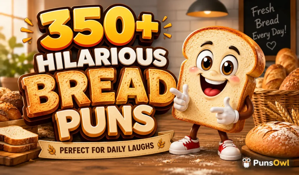 350+ bread puns thumbnail with a smiling cartoon bread mascot TITLE: 350+ Hilarious Bread Puns