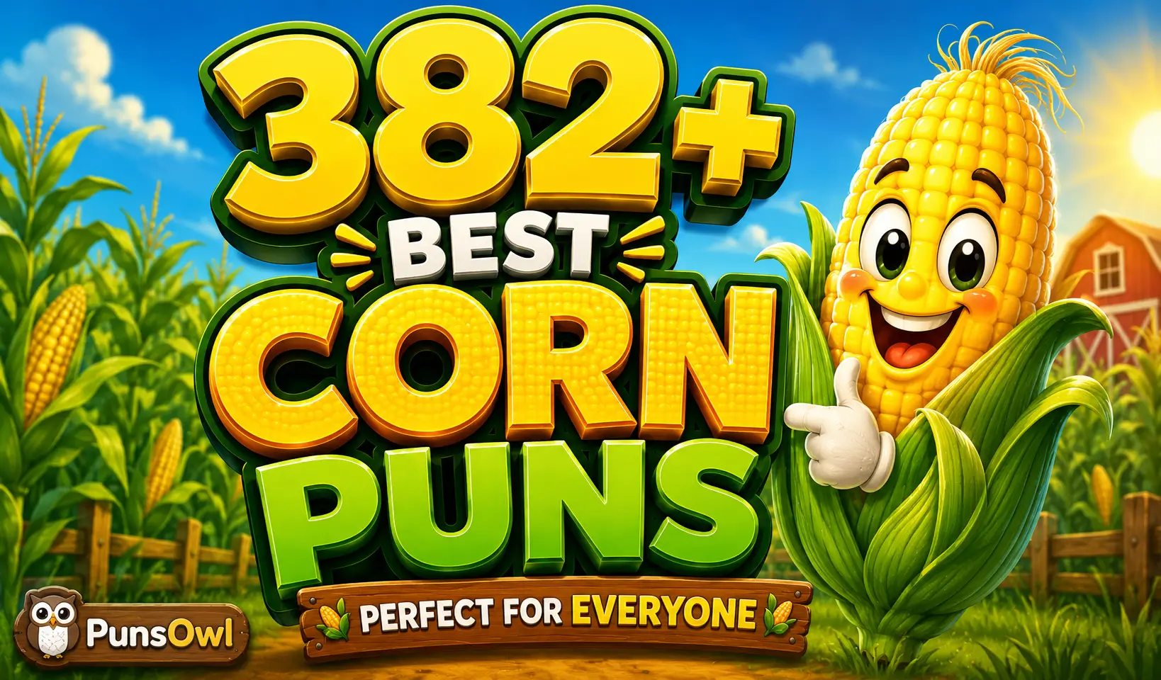Corn puns thumbnail with a cheerful corn mascot in a sunny cornfield