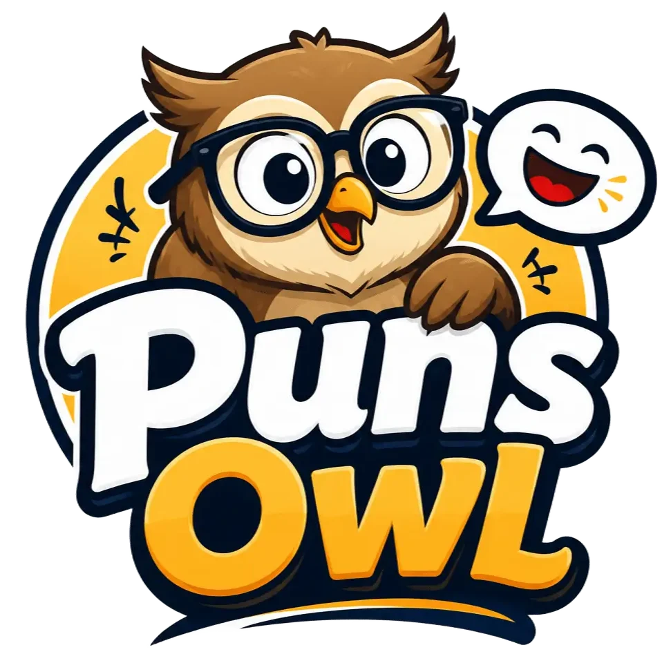 Puns Owl logo featuring a cheerful cartoon owl with glasses and bold Puns Owl lettering