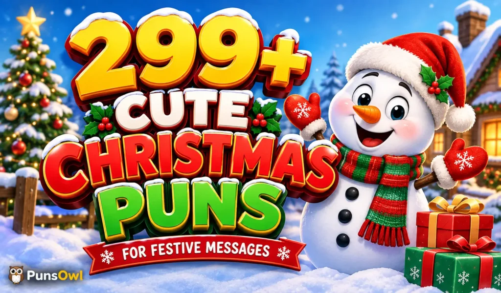 Cute Christmas puns thumbnail with a cheerful snowman, Christmas tree, gifts, and festive lettering