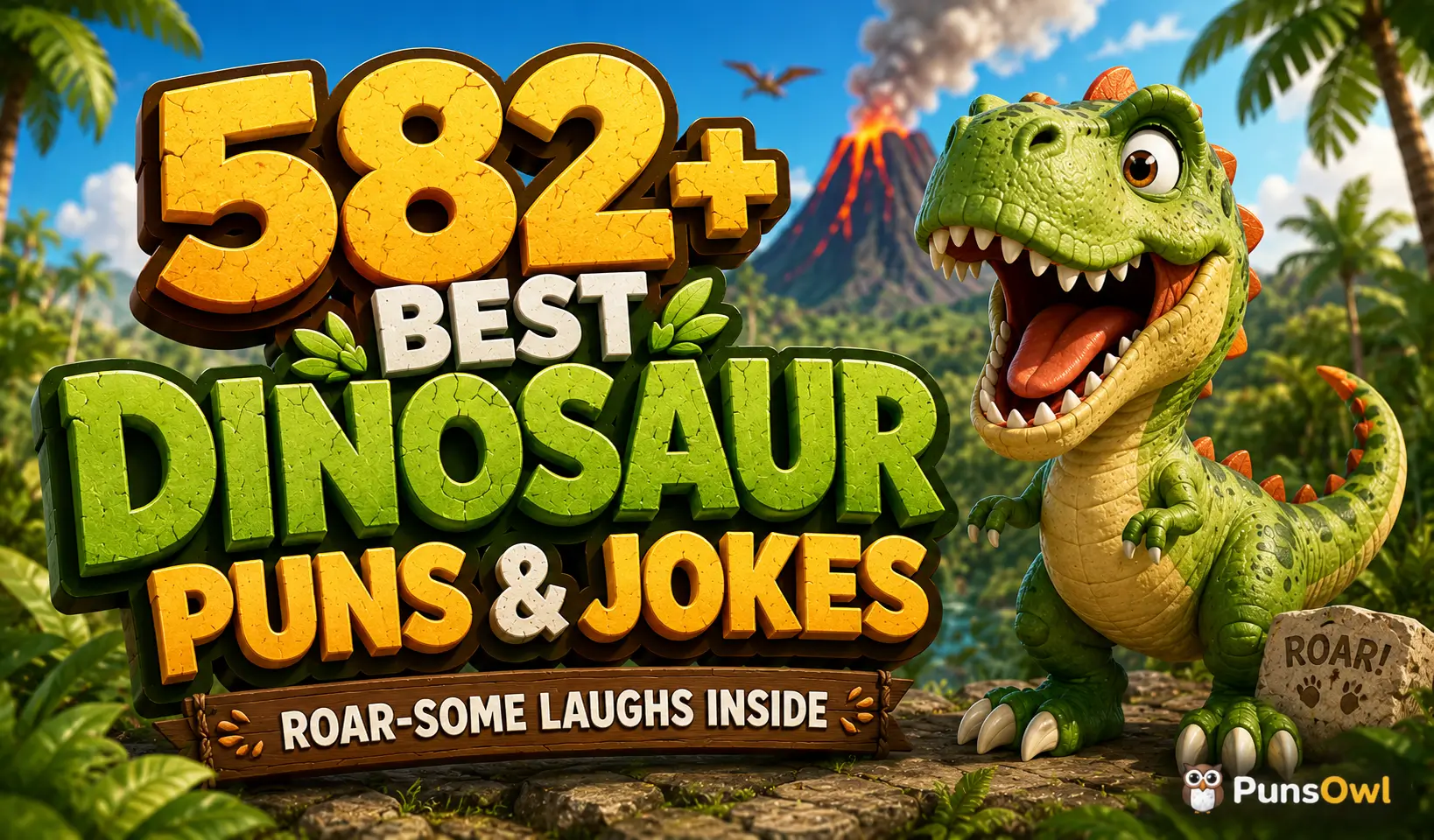 582+ dinosaur puns with a cheerful green T. rex in a prehistoric jungle