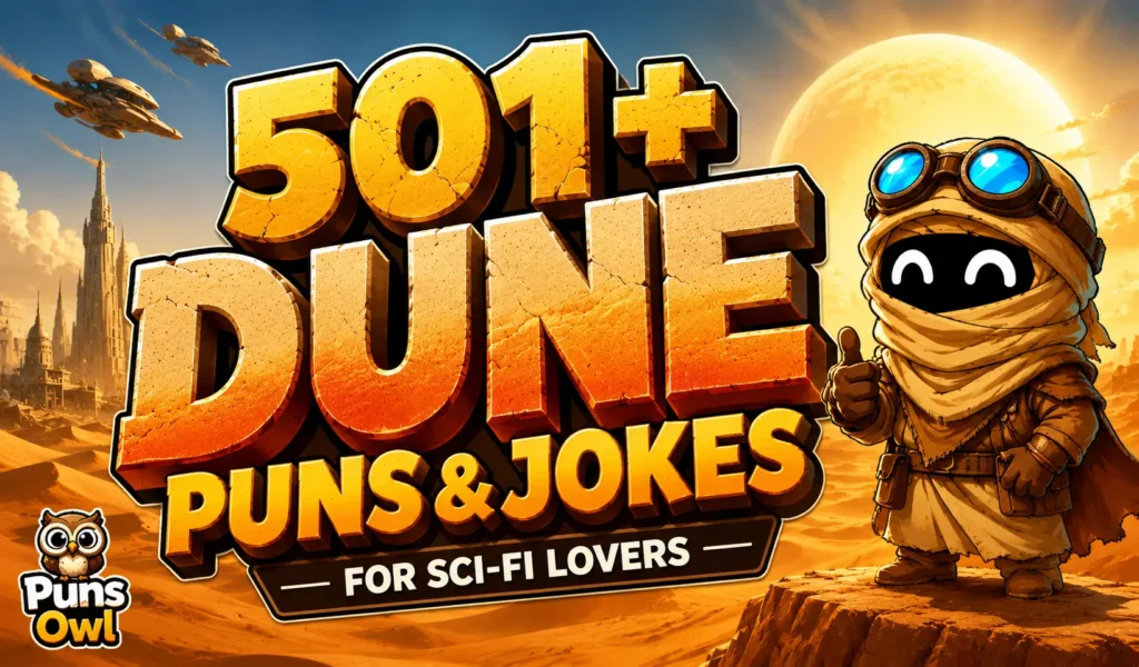 501+ dune puns thumbnail with a cartoon desert mascot and sci-fi dunes
