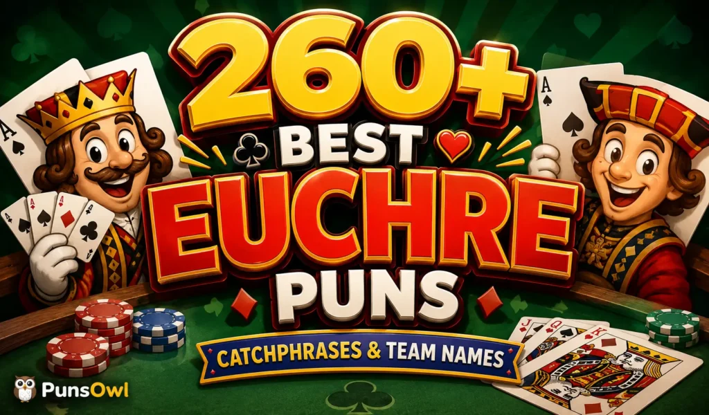 Euchre puns thumbnail with playing cards, card characters, and a green game table