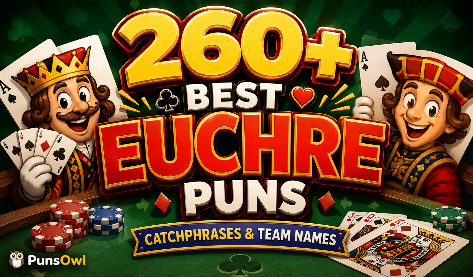 Euchre puns thumbnail with playing cards, card characters, and a green game table