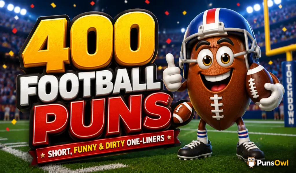 400 football puns with a cheerful football mascot in a stadium