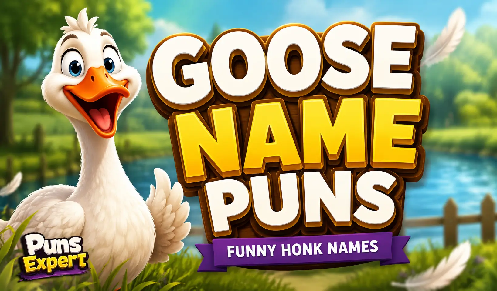 Cartoon goose with bold 3D "Goose Name Puns" text and Puns Expert logo for the goose name puns article.