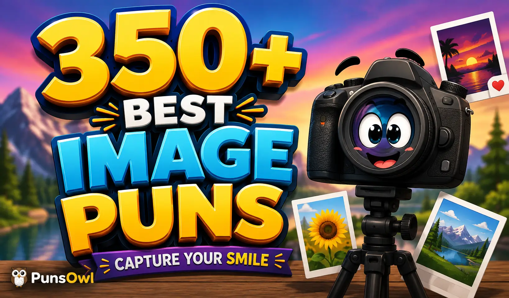 Image puns thumbnail with a cartoon camera, scenic photos, and bold 3D typography