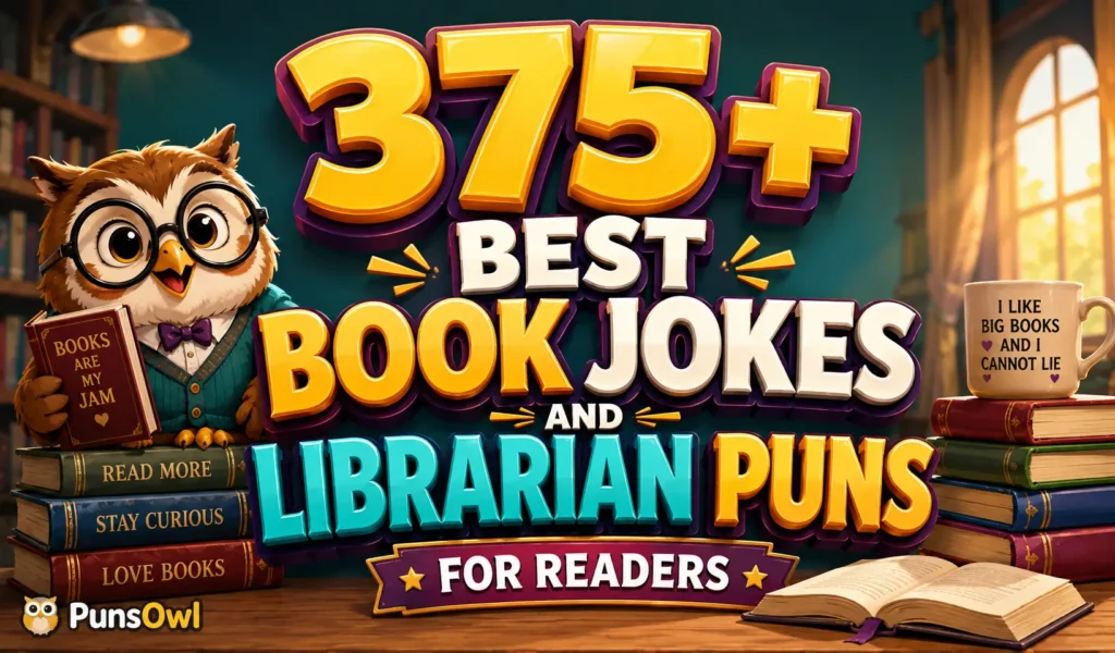 Librarian puns with a cartoon owl librarian surrounded by books