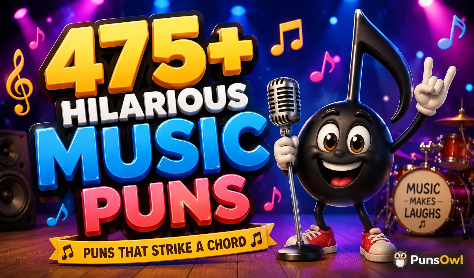 475+ music puns with a cheerful musical note mascot and microphone