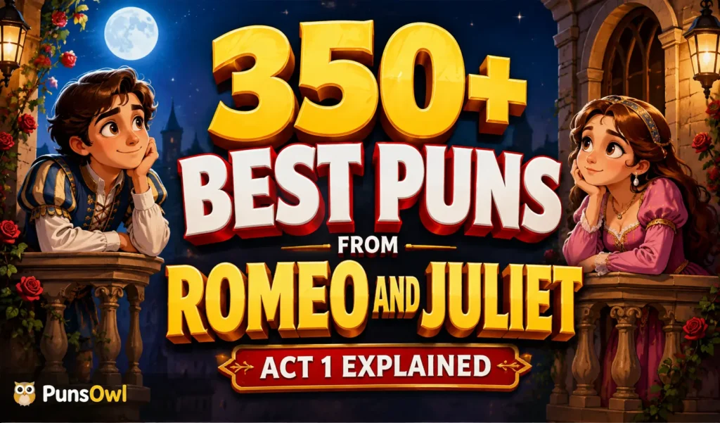Puns from Romeo and Juliet Act 1 with Romeo and Juliet on balconies