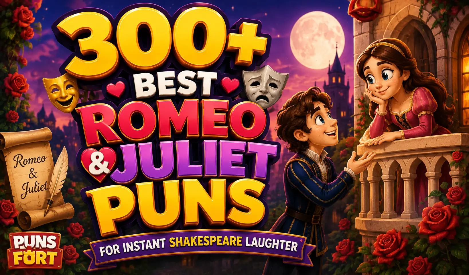 Romeo and Juliet puns thumbnail with a moonlit balcony, roses, and Shakespearean characters