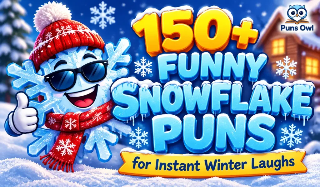 Funny snowflake puns thumbnail with a cheerful cartoon snowflake in winter gear