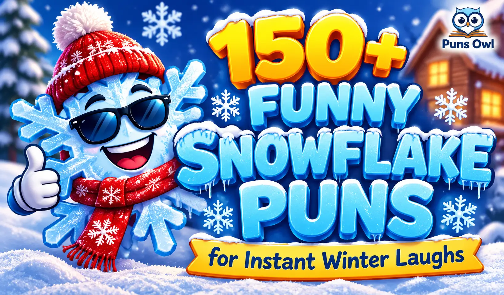 Funny snowflake puns thumbnail with a cheerful cartoon snowflake in winter gear