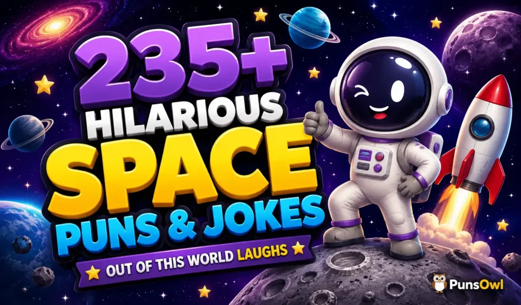 235+ space puns with a cute astronaut and colorful rocket