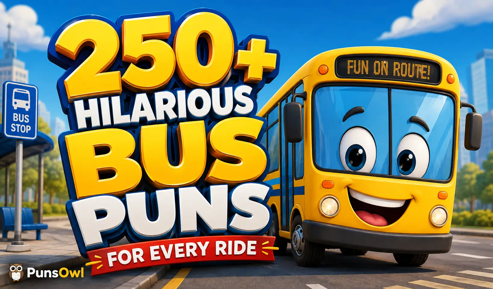Bus puns thumbnail with a cheerful yellow bus at a city bus stop