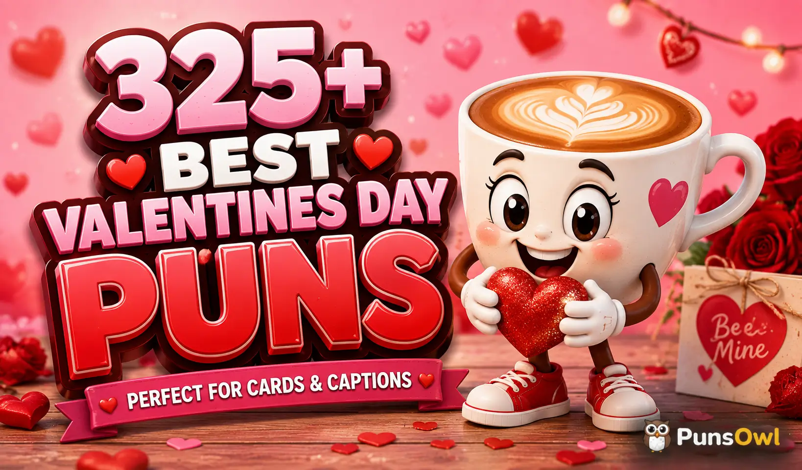 325+ valentines day puns with a cute latte mascot and romantic hearts