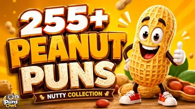 3D cartoon poster promoting "255+ Peanut Puns - Nutty Collection" featuring a smiling peanut character in red sneakers giving a thumbs up, with a Puns Owl watermark in the bottom-left corner.