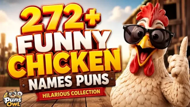 3D cartoon poster promoting "272+ Funny Chicken Names Puns - Hilarious Collection" featuring a chicken wearing sunglasses giving a thumbs up, with a Puns Owl watermark in the bottom-left corner.