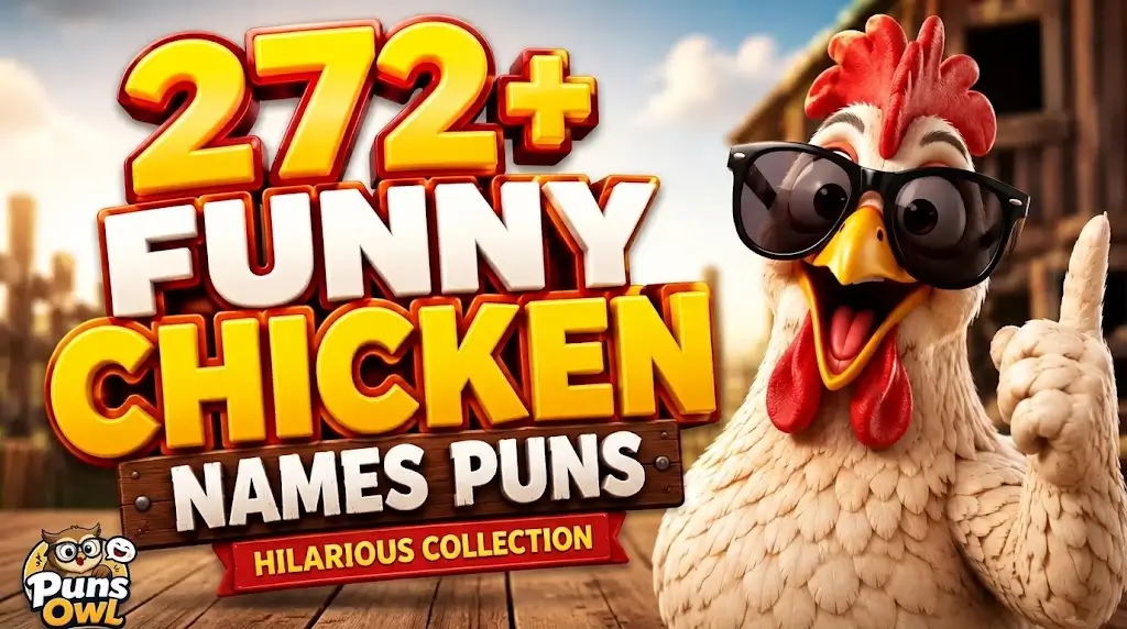 3D cartoon poster promoting "272+ Funny Chicken Names Puns - Hilarious Collection" featuring a chicken wearing sunglasses giving a thumbs up, with a Puns Owl watermark in the bottom-left corner.