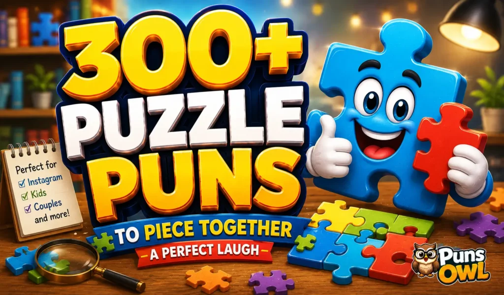 300+ puzzle puns thumbnail with a colorful puzzle mascot and PunsOwl watermark