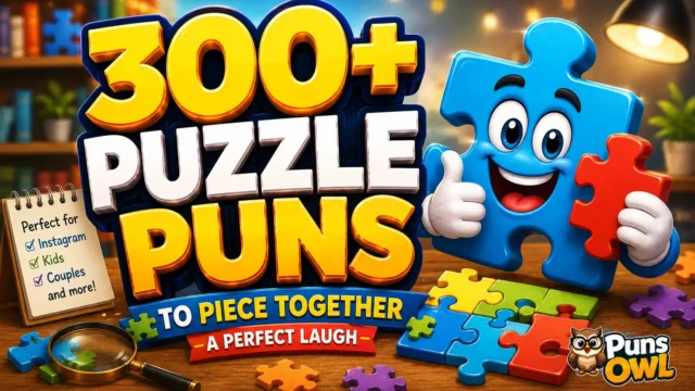 300+ puzzle puns thumbnail with a colorful puzzle mascot and PunsOwl watermark