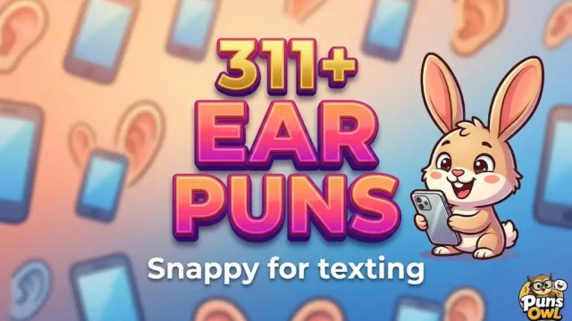 Featured thumbnail for 311+ Ear Puns with large multi-colored 3D text and a happy rabbit holding a phone.