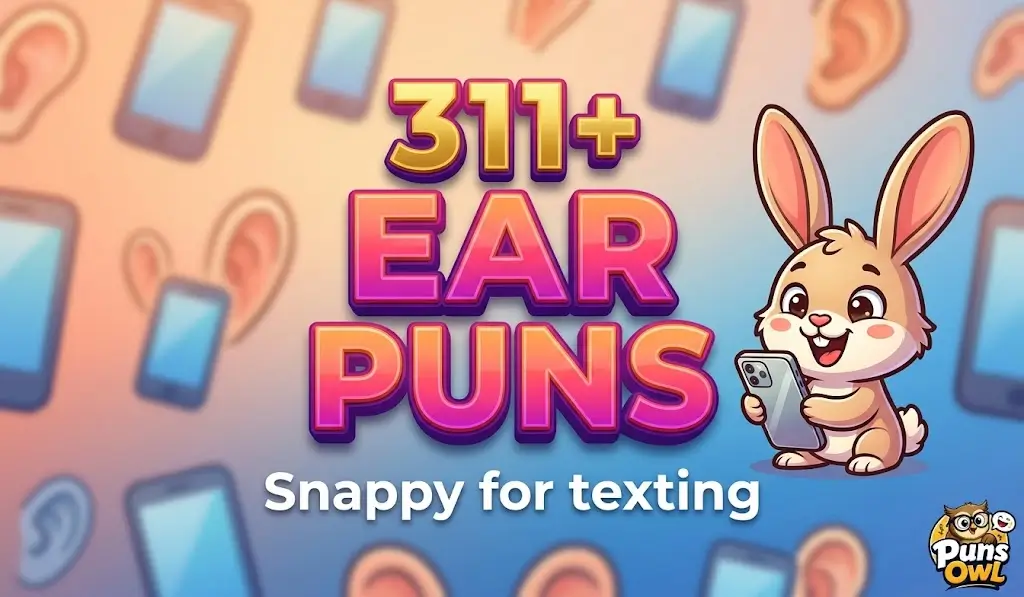 Featured thumbnail for 311+ Ear Puns with large multi-colored 3D text and a happy rabbit holding a phone.
