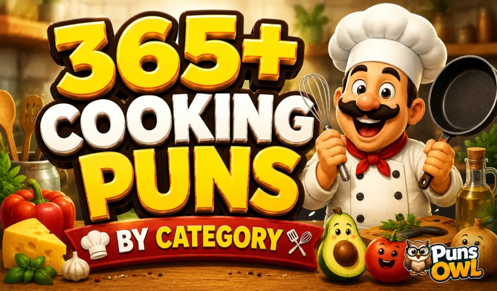 365+ cooking puns thumbnail with a cheerful chef, food, and PunsOwl watermark