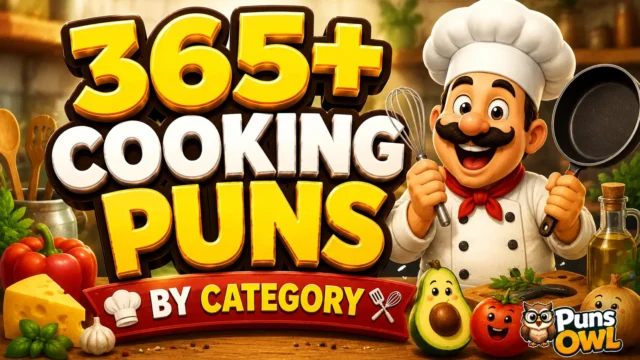 365+ cooking puns thumbnail with a cheerful chef, food, and PunsOwl watermark