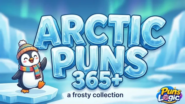 Large chunky 3D ice text reading ARCTIC PUNS 365+ with a cheerful penguin.