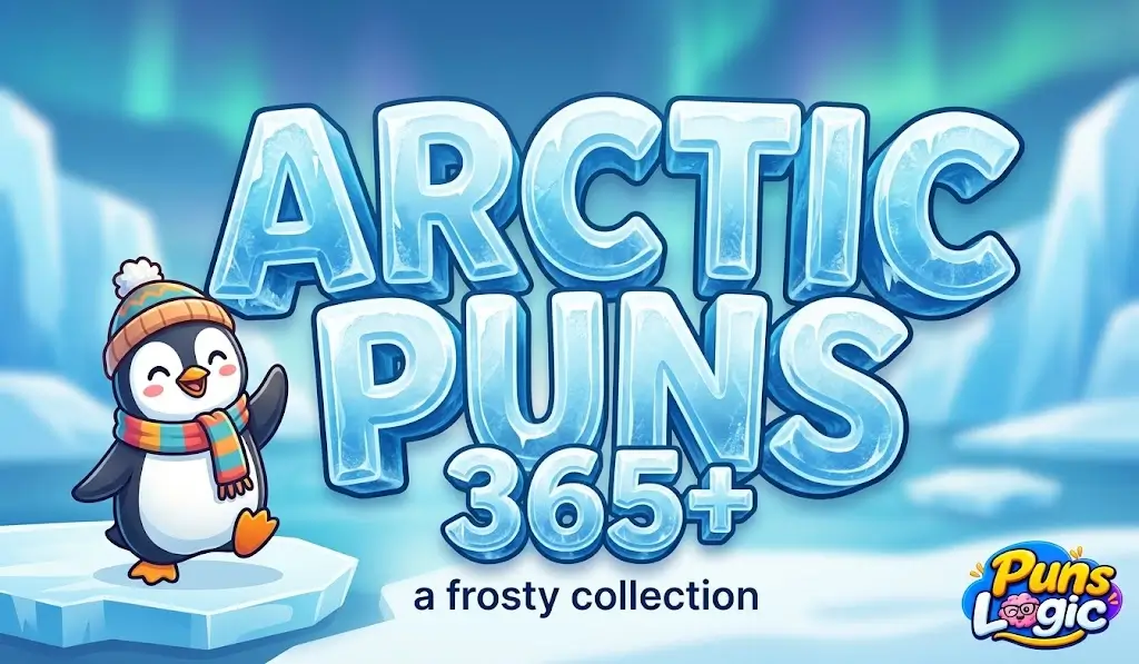 Large chunky 3D ice text reading ARCTIC PUNS 365+ with a cheerful penguin.