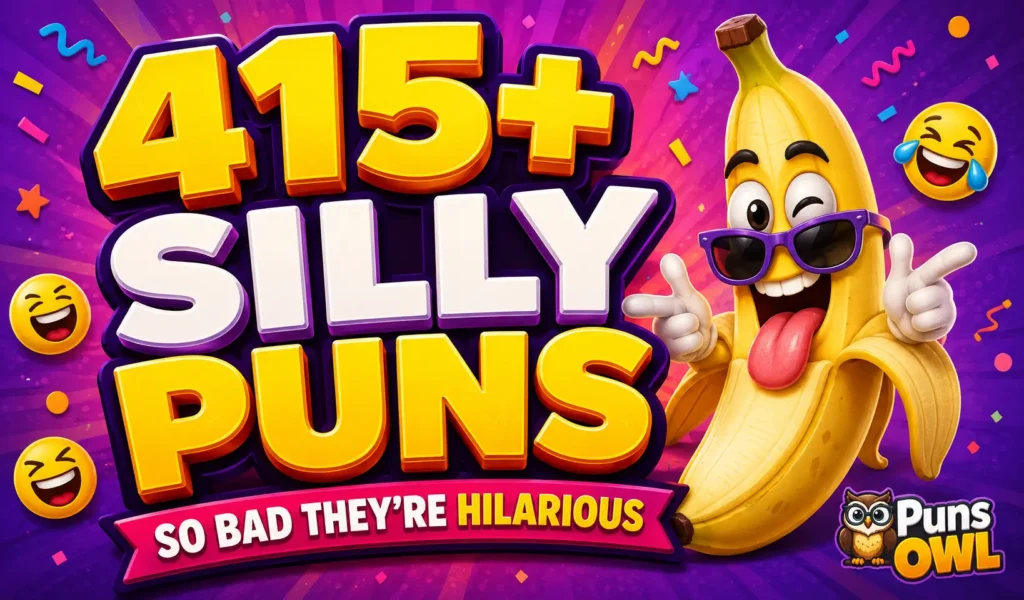 415+ silly puns thumbnail with a funny banana mascot and colorful 3D lettering