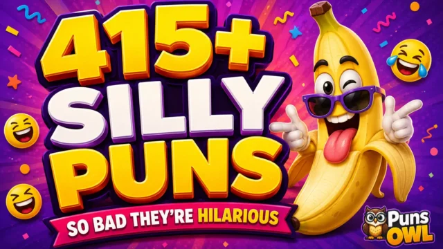 415+ silly puns thumbnail with a funny banana mascot and colorful 3D lettering