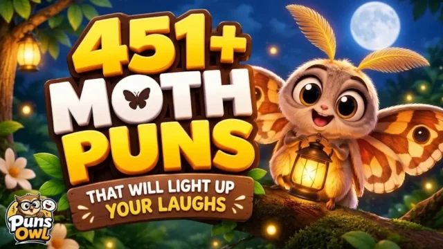 451+ moth puns thumbnail with a cheerful cartoon moth and glowing lantern