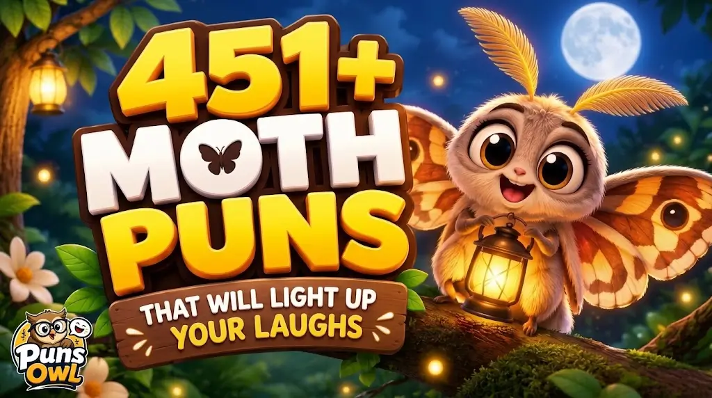 451+ moth puns thumbnail with a cheerful cartoon moth and glowing lantern