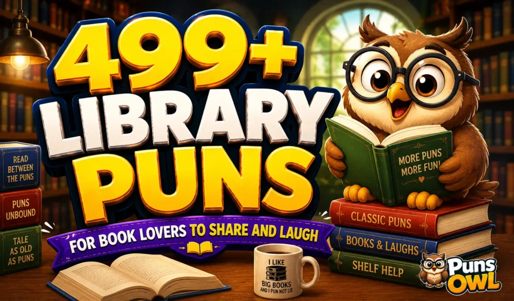 499+ library puns thumbnail with a cheerful owl, books, and PunsOwl watermark