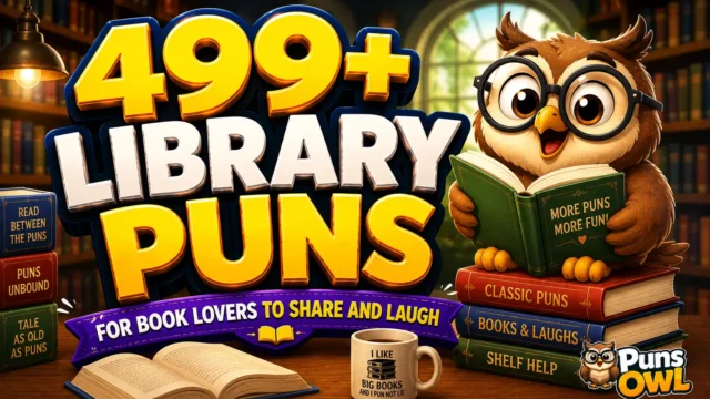 499+ library puns thumbnail with a cheerful owl, books, and PunsOwl watermark