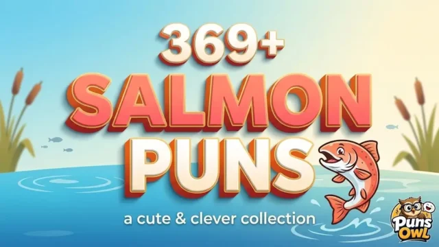 Widescreen banner with large 3D text '369+ SALMON PUNS' and a cartoon salmon leaping from water.