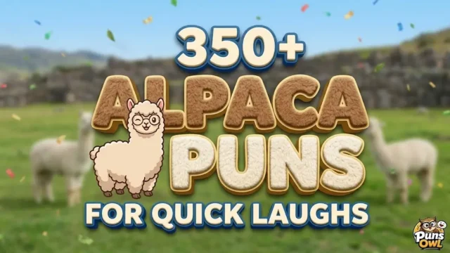 A colorful 3D thumbnail with large '350+ Alpaca Puns' text and a cute cartoon alpaca mascot winking in a field.